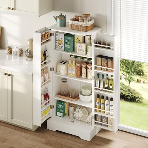 VIEKOS Armario de cocina grande, armario de almacenamiento para granja – Armario de comedor LED con 2 puertas batientes y estantes ajustables para espacios pequeños en el comedor o sala de estar