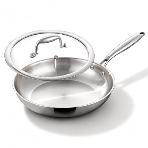DELARLOCHEF Edelstahlpfanne 28 cm mit Deckel, 5-Schicht Bratpfanne | Unbeschichtet, Gleichmäßige Wärmeverteilung, für Alle Herdarten, Ofenfest bis 400 °C, für Steak, Gemüse und Eier
