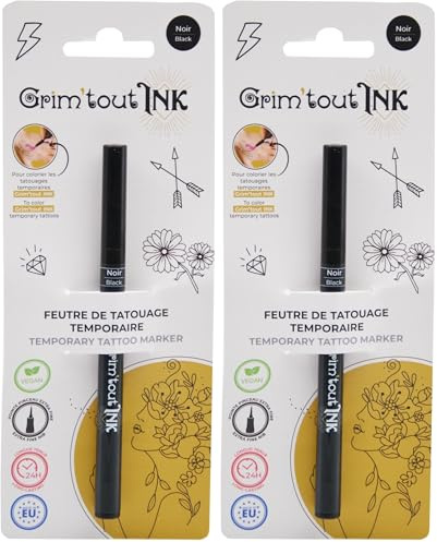 Grim'Tout - Feutre de Tatouage Temporaire Noir - Encre Sans Danger pour la Peau - Vegan - Pointe Extra-fine - Longue Tenue - Loisirs Créatifs et Festifs : Carnaval, Festival, Kermesse (Lot de 2)