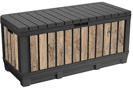 Keter Gartenbox Kentwood 350 Liter in Holzoptik Pinie aus Kunststoff, witterungsbeständig, UV-resistent mit Sitzfunktion