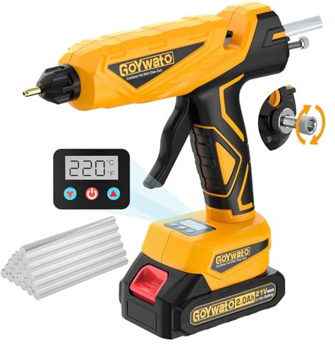 Cordless Hot Glue Gun 150W - GoYwato 21V Anti-Drip Fast Heating Battery Powered Glue Gun w/Temperature Adjustment & Digital Display & 20×11mm Glue-Gun Sticks for Crafts DIY Art Projects Home Repairs