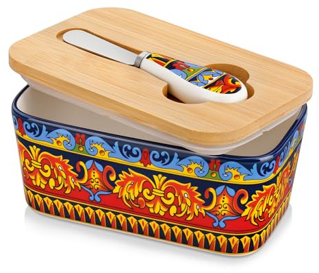 vancasso KRVI 480ml Porcelain Butter Dish with Lid, Sicilian Carnival | Butter Keeper Includes Knife and Bamboo Lid, Sealed Butter Container Fits Most Butter Sizes, Ideal for Countertop