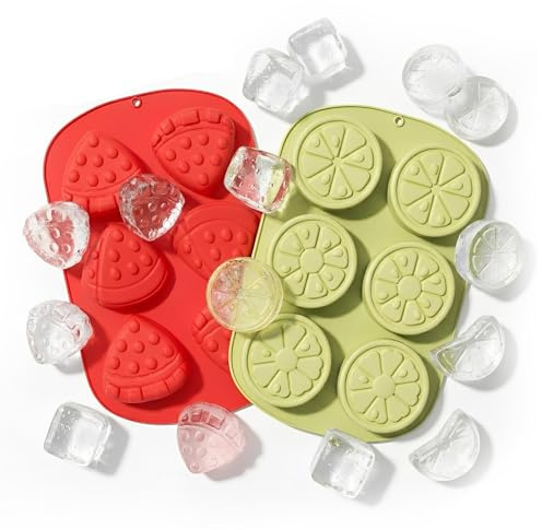 Stampo Ghiaccio Silicone, Set di 2 Forme per Ghiaccio a Forma di Frutta (Limone e Anguria), Cubetti di Ghiaccio Riutilizzabili per Cocktail, Whisky e Succhi, Stampi Ghiaccio Flessibili, Verde e Rosso