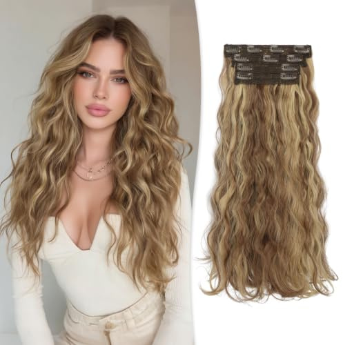 RUWISS Clip in Extensions, 45 cm Lange Gewellte Wellige Clip in Haarverlängerung 4PCs Synthetik Hair Extensions für Frauen, Hellbraun und gemischtes Blond