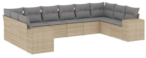 GeenYuu 10-TLG. Garten-Sofagarnitur aus Beige Poly Rattan mit Kissen, wetterfestes Lounge-Set für Terrasse Balkon und Garten, inkl. Sitzgruppe mit Sofa, Sessel und Polster