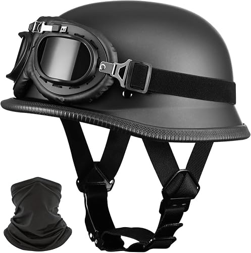 Casco da Moto in Stile Tedesco, Casco Vintage A Mezza Calotta per Adulti, Uomo E Donna, Omologato Ece, con Occhiali, Caschi da Moto Aperti per Bicicletta E Cruiser., B, XXL 61~62CM