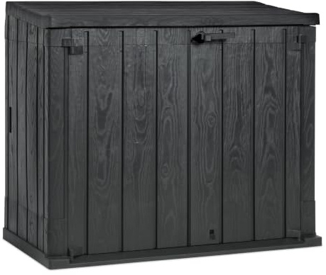 Toomax Storer Plus Baule da 842L portattrezzi da giardino 129,5x74,5x111h cm, effetto legno antracite scuro, porta bidoni spazzatura, con coperchio assistito, ideale per interni ed esterni