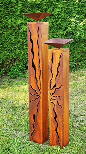 Gartendekoshop24 - Gartendeko Säulen, Vogeltränke, 2er Rostsäulen mit Schale, 125/100 cm. Gartensäulen aus Metall, Edelrost, viereckig, mit Schalen, handgefertigt. Gartendekoration für draußen.