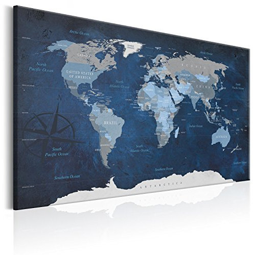 B&D XXL Weltkarte Pinnwand & Vlies Leinwand Bild 120x80 cm XXL Bilder mit Kork Rückwand 1 Teilig Kunstdruck Korktafel Korkwand Memoboard Pinboard Wandbilder Karte Landkarte