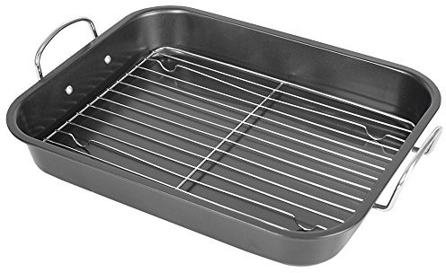 Home Basics Deluxe Non Stick Roast Pan with Handles and Grill Rack, Excellent for Turkeys, Hams and Chickens 15.5 x 11.5, Black