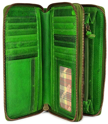 Belli Hochwertige XXL Vintage Leder Damen Geldbörse Portemonnaie langes Portmonee Geldbeutel Organizer aus weichem Leder mit extra vielen Fächern inkl. RFID in grün - 20x11x3,5cm (B x H x T)