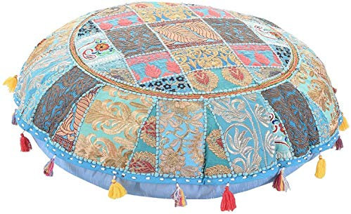 Sophia-Art Runder Boden Kissen Kissen Patchwork Hocker Ottoman Vintage Indian Foot Hocker Sitzsack Boden Kissenbezug Home Decor Wohnzimmer Ottoman Bohemain Kissen (Türkis, 40 Zoll)
