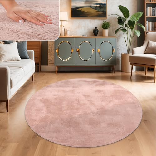 Paco Home Teppich Wohnzimmer Kunstfell weich waschbar modern elegant pflegeleicht Felloptik Uni Seidenglanz flauschig Hochflor, Grösse:120 cm Rund, Farbe:Pink