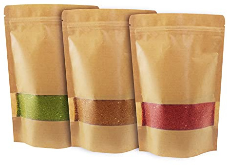 Belinlen 100 Pcs Self-Sealing Kraft Paper Bags with Window 15x22 cm | Resealable Kraft Stand Up Pouches Kraft Zip Lock Food Storage Bags for Dried Fruit, Coffee Beans, Nut and Candy (6x9 Inch)