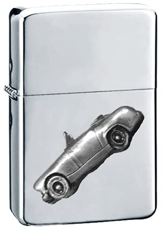 Oldtimer Healey Sprite Mk2 ref17 Zinn-Effekt Design auf einem Flip-Top-Benzinfeuerzeug, winddicht, Silber nachfüllbar