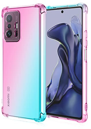 GOKEN Hülle für Xiaomi Mi 11T Pro 5G / Xiaomi Mi 11T 5G, Schutzhülle TPU Silikon Handyhülle mit Farbverlauf Design, Transparent Stoßfest Bumper Case Soft Flex Cover, Pink/Grün
