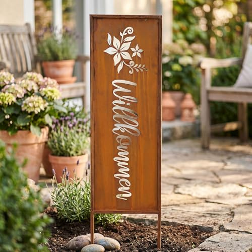 Välkommen H 83 cm stjälk rost dekoration brun trädgårdsplugg trädgårdsdekoration trädgårdsplugg rostfritt stål trädgårdsskylt blomma