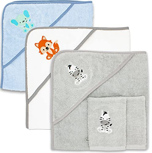 Babykajo Baby Kapuzenhandtuch im Set mit 2 Waschlappen Oeko-Tex Standart 100 Zertifiziert. Baby Badetuch aus weichem Frottee. Erstausstattung Babyhandtuch mit Kapuze 80 x 80 cm