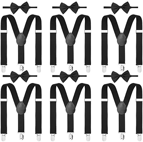 Haysandy 6 Set Men Suspender and Bow Tie Set Bulk Pack Y Back Y Shape Adjustable Elastic Suspender for Adult Women(Black)