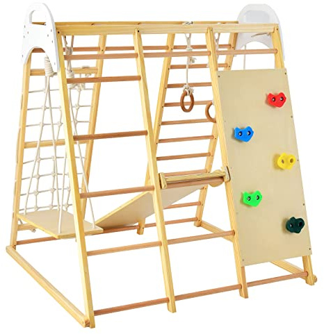 GYMAX 8 in 1 Kids Climbing Set, Indoor Playground Toddler Climber Slide Playset with Swing, Climbing Rock/Net, Monkey Bars and Rope Ladder, Wooden Climbing Toys for 3 Year Olds + (Natural)
