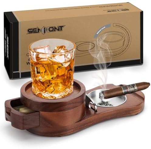 SEMKONT Zigarren-Aschenbecher, Holz-Untersetzer, Whiskey-Glas-Tablett, dekorativer Aschenbecher mit Schublade, Zigarrenschneider-Schlitz, Bar und Outdoor-Aschenbecher, Zigarrenzubehör.