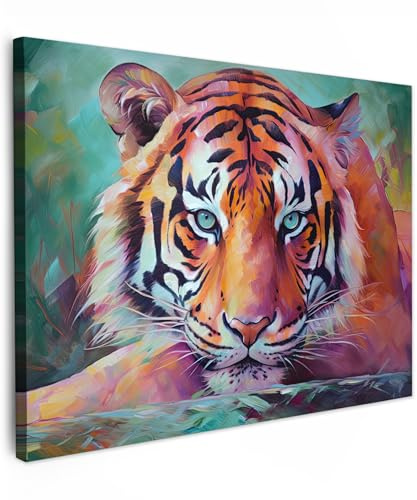 MuchoWow© Bilder Wohnzimmer Deko Modern Wandbild Foto auf Leinwand Bild | 70x50 cm - Schlafzimmer Room Decor Geschenke Kunstdruck - Bunt - Tiger - Ölgemälde - Tiere - Kunst