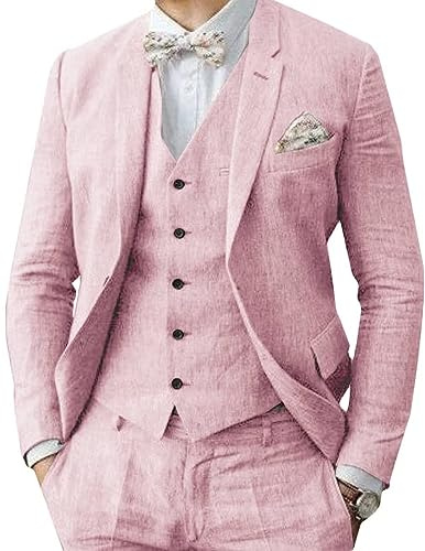 Abito da uomo in lino 3 pezzi formale da uomo d'affari blazer pantaloni abito con risvolti a tacca matrimonio testimoni dello sposo abbigliamento per feste, rosa, 102