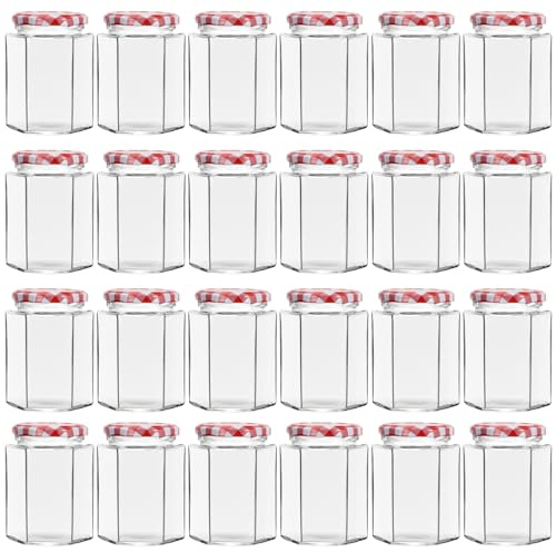 Yishik 24 Pack 9 oz Hexagonal Glass Jars with Red Gingham Lids, Glass Canning & Jam Jars for Pickle, Sauce, Candy, Jelly, Wedding Favors & Craft Projects