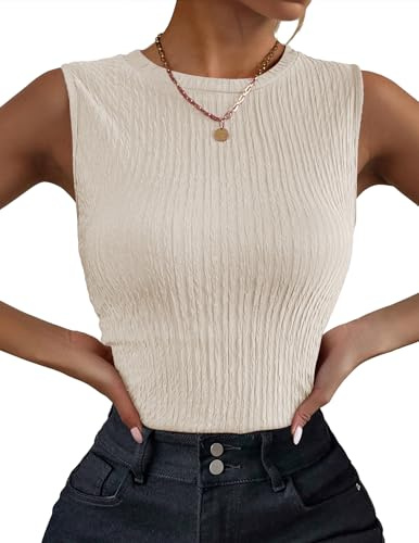 Zeagoo High Neck Sleeveless Tops for Women Summer Crew Neck Slim Fit Tank Top Blouses Beige