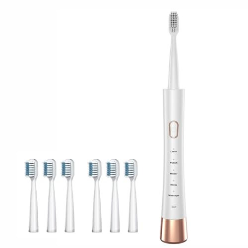 Ultrasonic Electric Toothbrush with 6 Brush Heads-5 Modes,Lasting 60 Days on Full Charge,31,000 Vibrations per Minute,IPX7 Waterproof,Curved fuselage (White, Adult)
