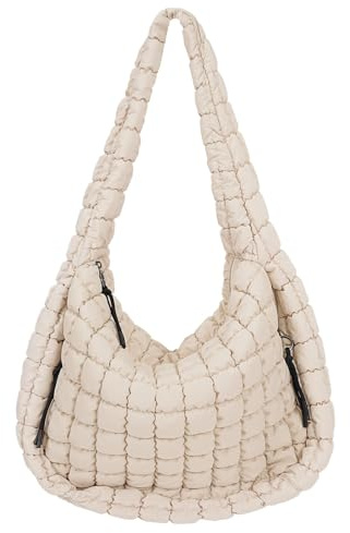 Juoxeepy Gesteppte Tragetasche, groß, gesteppt, Schultertasche, leichte gesteppte Polsterung, Hobo-Tasche, gesteppte Tasche, Cremeweiß, Large