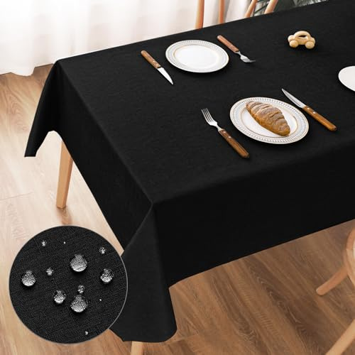 AooHome Tischdecke Abwaschbar, Schwarz Tischdecken 100x140cm Leinen-Optik Tischtuch aus Polyester Wasserabweisend mit Lotuseffekt, Dauerhaft Kratzfest für Wohnzimmer, Esszimmer, Balkon, Garten