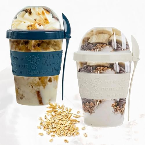 SAFRI 600ml Over Night Oats Container Reusable Yogurt Cups 100% BPA Free Breakfast On The Go Cereal Yogurt Pot with Lids and Spoon (White & Teal Blue Cup)