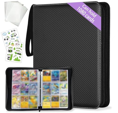 KIMIGO Sammelalbum Für Karten,60 Seiten 1080 Taschen Sammelkarten Album,Tragbar Wasserdicht Pu Karten Halter,Karten Ordner Heft,Sammelalbum Karten Mit Reißverschluss Und Schwarz Lederbezug