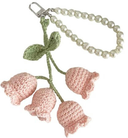 Xchon Gestrickter Schlüsselanhänger, gehäkelte Blume, einzigartige Perlenkette, Schlüsselanhänger, bunt, gestrickt, Taschenanhänger, Accessoire für Mode-Liebhaber, rose