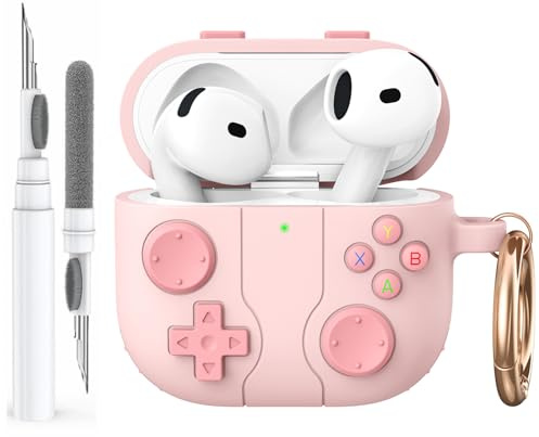 AhaStyle Hülle für AirPods 4 (2024) Mit Reinigungsstift | Retro-Spielkonsole Design, Kabelloses Laden, Mit Karabiner, Premium-Silikon, Rundumschutz, Stoßfest, AirPods 4. Gen Zubehör