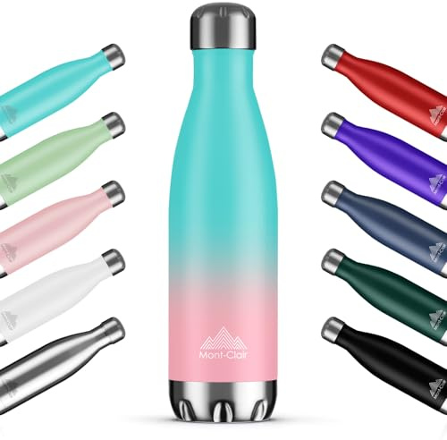 Mont-Clair H2O Stainless Steel Water Bottle, Vacuum Insulated - BPA Free, 12h Hot & 24h Cold Drinks, Metal Water Bottle 500ML Leakproof, Ideal for Adult, Kids, Running - Gradient Cyan/Pink