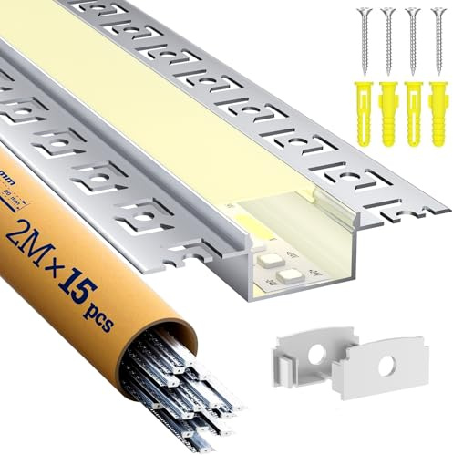 LASLUX 15 x LED Trockenbauprofil 2M Aluminium Profil für Strip Schiene Unterputz Kanal und Diffusor Aufputz für Indirekte Beleuchtung Decke (LED Drywall Profile -2M, 15)
