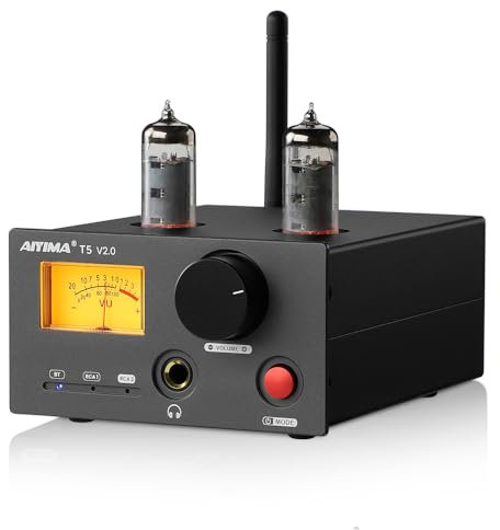 AIYIMA T5 V2.0 6K4 Tube Amplifier Headphone Amplifier 2.0 Stereo Mini HiFi Amplifier 140Wx2 Bluetooth QCC3034 Aptx-hd Receiver TDA7498E Digital Amplifier with 2-way Analog Audio RCA Input