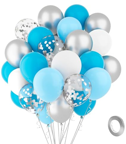 Luftballons Blau Weiß Silber Ballons 60 Stück 30cm Macaron Blau Metallic Silberne Konfetti Latex Ballons 1 Rollen Silber Band Luftballon Girlande Luftballons Geburtstag Taufe Babyparty Deko Junge