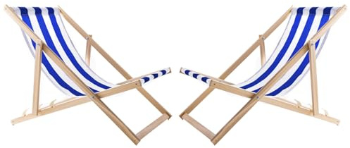 WOODOK Juego de 2 Tumbonas de Madera de Haya, Silla de Playa, Tumbona de Jardín, Patio, Balcón y Terraza, Plegable, hasta 120 kg (Rayas Azules)
