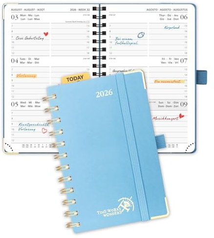 POPRUN Kalender 2026 Klein 16 x 10,5 cm (Jan.2026-Dez.2026) - Taschenkalender 2026 Klein Ringbuch mit Hardcover - Terminplaner, Wochenplaner mit Vergoldete Schutzecken - Dunstblau