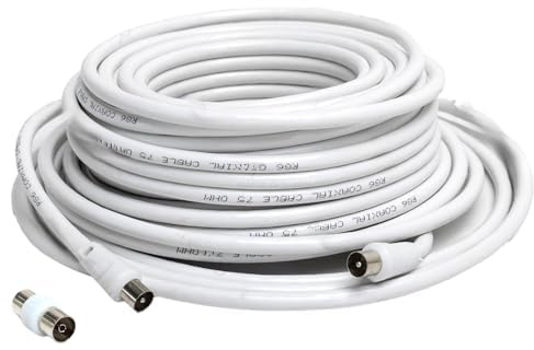 Zarivy Cable coaxial RG6U de 20m con conectores macho a macho, ideal para conexión de TV, satélite y distribución de señal.