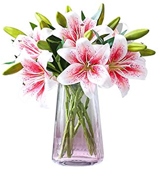 Fleurs artificielles d'intérieur, fleur de lys artificielle de 13,78 pouces, bouquet de lys calla utilisé pour la décoration de jardin extérieur de table de bureau (avec vase en verre) Fleurs