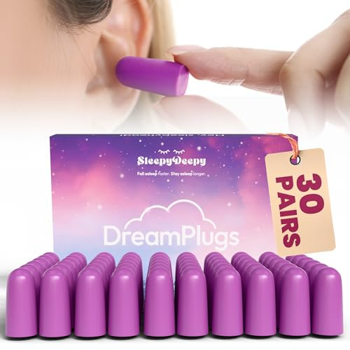 DreamPlugs Ultra-Soft Foam Earplugs – SNR 38dB | 30 Pairs | Bullet-Shaped Sleep Ear Plugs for Snoring, Travel, Sensory Relief | Reusable, Hypoallergenic (Purple)