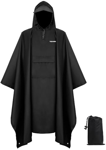 TechRise Hooded Rain Poncho for Adults with Pocket, Waterproof Rain Poncho for Men Women, Reusable Lightweight Ponchos, 3-in-1 Multifunctional Unisex Raincoat for Outdoor Camping Emergency,Black