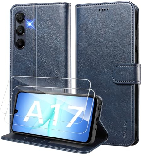 WAURZ Fodral för Samsung Galaxy A17 4G/5G fodral och skärmskydd i läder med 2 st skärmskydd, läder, flip-fodral, tunn, korthållare, magnetisk, läder, flip-fodral, blå