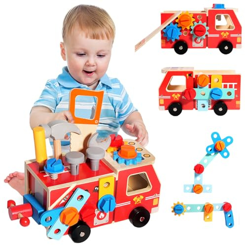 NewZC Banco da Lavoro per Bambini con Cassetta Attrezzi in Legno Camion dei Pompieri Gioco Costruzioni Bimbo - Giochi Legno Montessori 3 4 5 6 Anni Regalo Educativo per Maschio Femmina