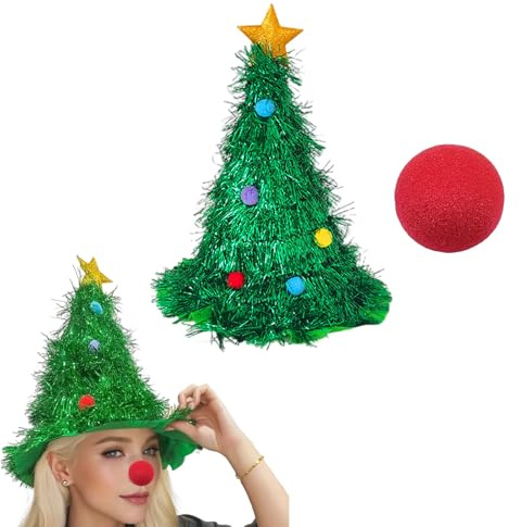 Dyiouxin Weihnachtsbaum Hut,Grüner Filzhut Mit Goldenem Stern mit Clownnase,Erwachsene Gold Pailletten Weihnachtsmütze,Neuheit Spaß Urlaub Dekoration Kopfbedeckung,Unisex für Erwachsene,Einheitsgröße