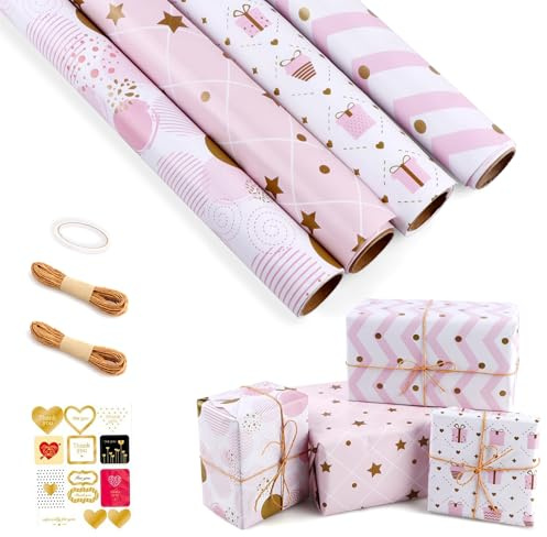 4 Rollen Geschenkpapier Set Rosa, 43cm x 300cm Packpapier Geburtstag, Geschenkpapier Rolle mit Aufkleber und Jute Schnur, Gift Wrapping Paper für Hochzeit, Muttertag, Valentinstag